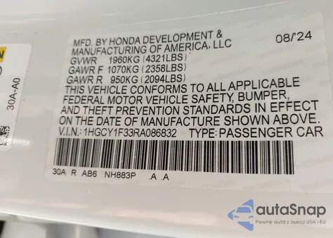 2024 Honda Accord Ex from USA, damaged, VIN 1HGCY1F33RA086832